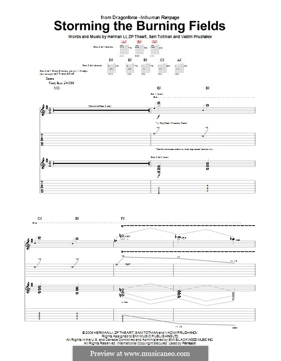 Storming the Burning Fields (DragonForce): For guitar with tab by Herman Li, Sam Totman, Vadim Pruzhanov, ZP Theart