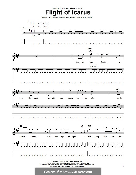 Flight of Icarus (Iron Maiden): For bass guitar with tab by Adrian Smith, Bruce Dickinson