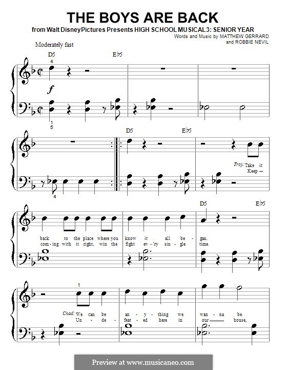 The Boys Are Back (from High School Musical 3): For piano (very easy version) by Matthew Gerrard, Robbie Nevil