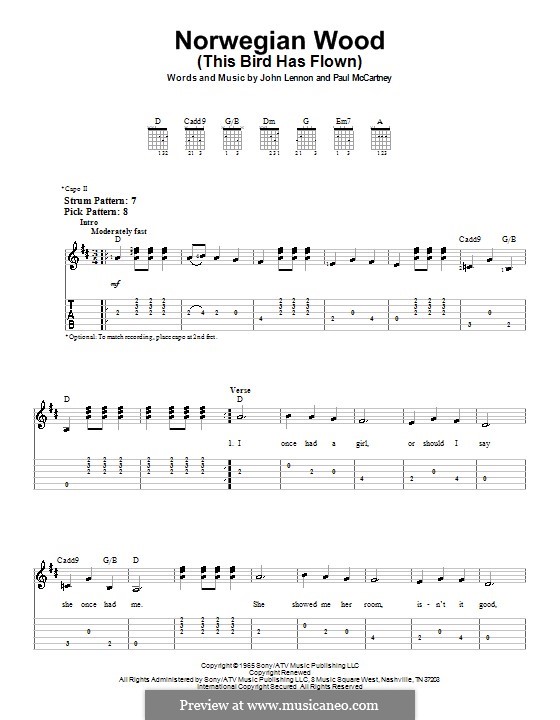 Norwegian Wood (This Bird Has Flown): For easy guitar tab by John Lennon, Paul McCartney