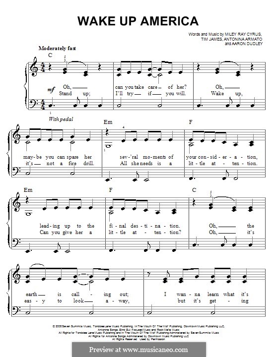 Wake Up America: For easy piano by Aaron Dudley, Antonina Armato, Miley Ray Cyrus, Timothy James