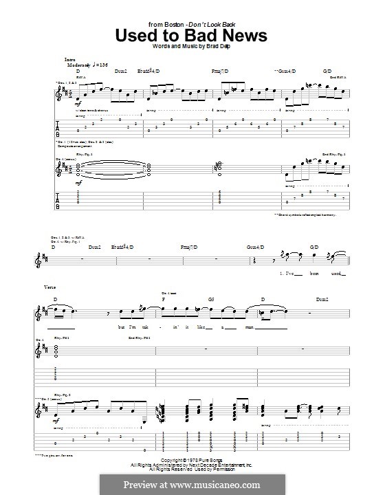 Used to Bad News (Boston): For guitar with tab by Brad Delp