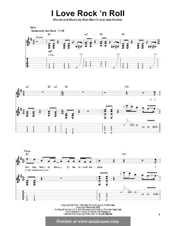 I Love Rock 'n Roll: For guitar with tab by Alan Merrill, Jake Hooker