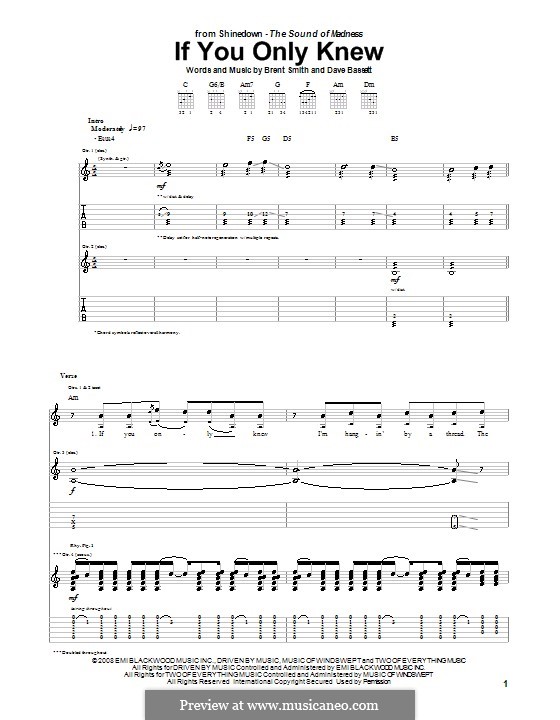 If You Only Knew (Shinedown): For guitar with tab by Brent Smith, Dave Bassett