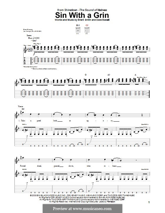 Sin with a Grin (Shinedown): For guitar with tab by Brent Smith, Dave Bassett