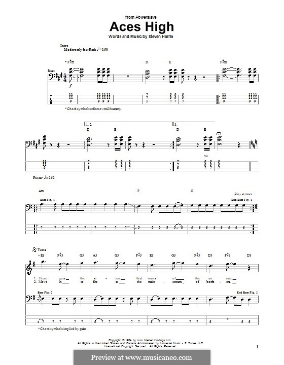 Aces High (Iron Maiden): For bass guitar with tab by Steve Harris