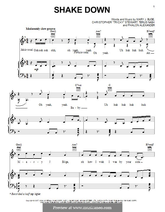 Shake Down (Mary J. Blige): For voice and piano (or guitar) by Tricky Stewart , Phalon Alexander, Terius Nash