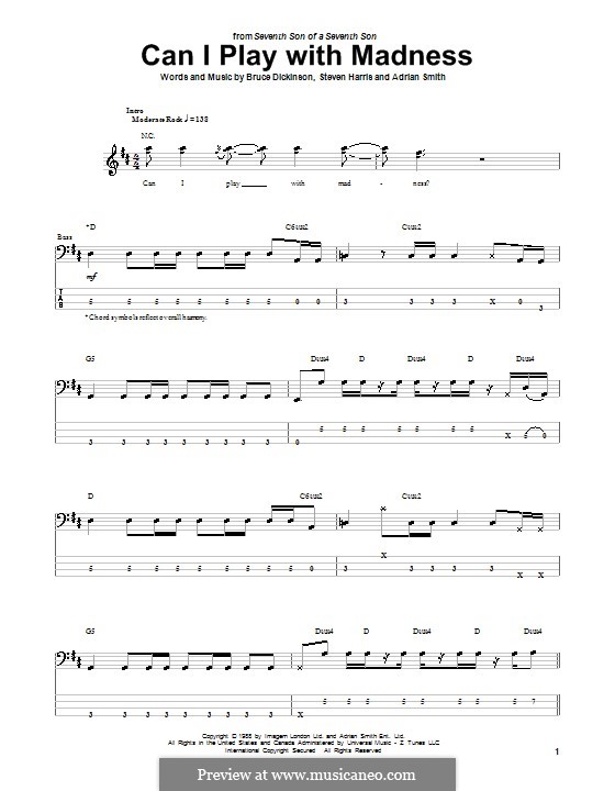 Can I Play with Madness? (Iron Maiden): For bass guitar with tab by Adrian Smith, Bruce Dickinson, Steve Harris