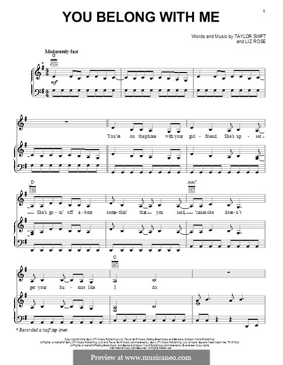 You Belong with Me (Taylor Swift): For voice and piano (or guitar) by Liz Rose