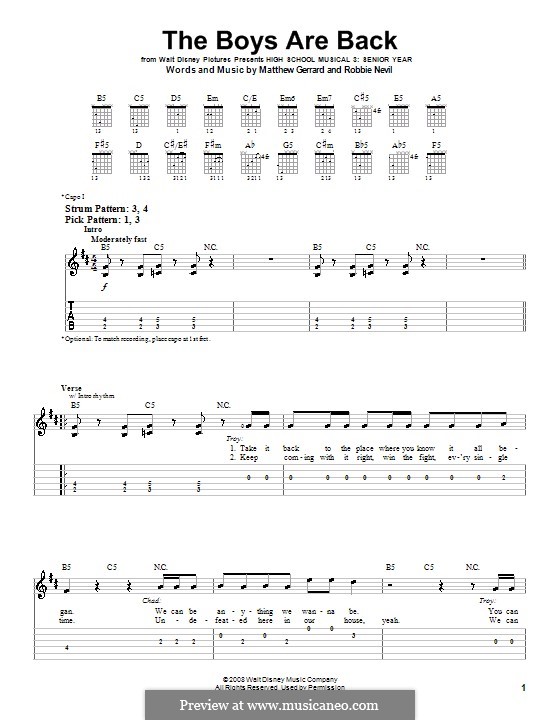 The Boys Are Back (from High School Musical 3): For guitar (very easy version) by Matthew Gerrard, Robbie Nevil