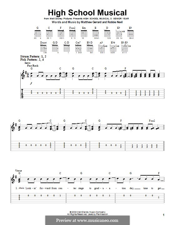 High School Musical (from High School Musical 3): For guitar (very easy version) by Matthew Gerrard, Robbie Nevil