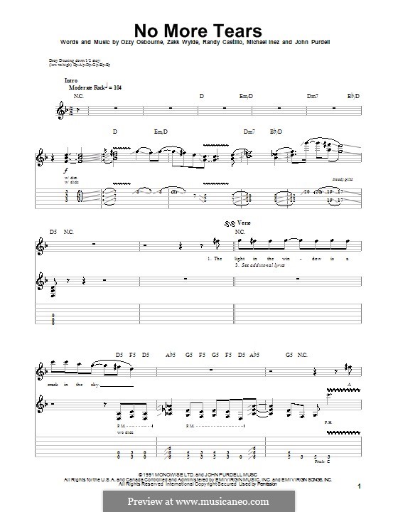 No More Tears (Ozzy Osbourne): For guitar with tab by John Purdell, Michael Inez, Randy Castillo, Zakk Wylde