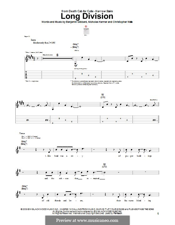 Long Division (Death Cab for Cutie): For guitar with tab by Benjamin Gibbard, Christopher Walla, Nicholas Harmer