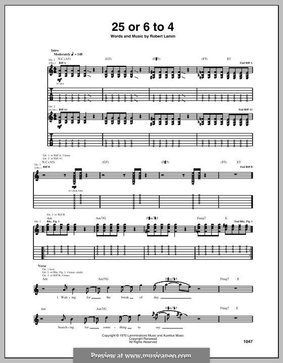 25 or 6 to 4 (Chicago): For guitar with tab by Robert Lamm