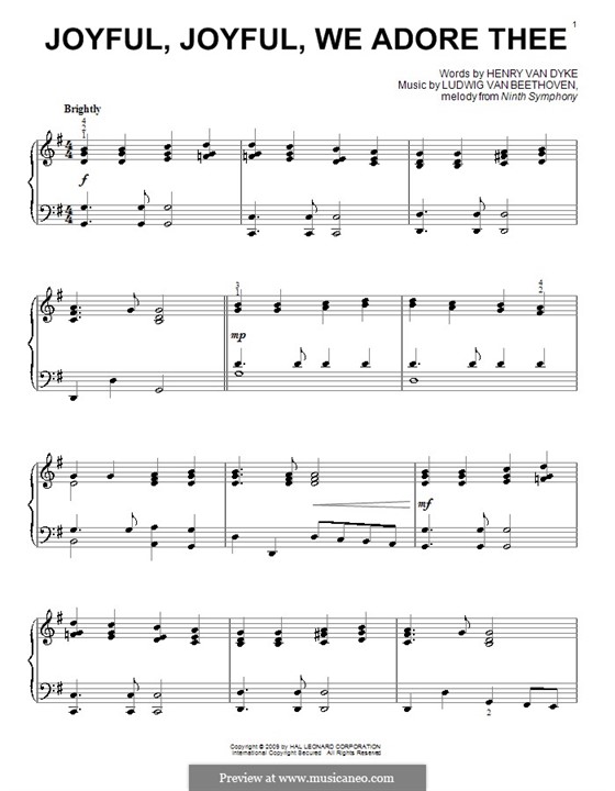 Ode to Joy, for Piano: G Major by Ludwig van Beethoven