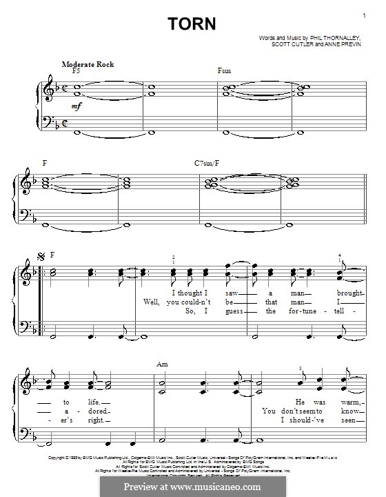 Torn (Natalie Imbruglia): For easy piano by Anne Preven, Phil Thornalley, Scott Cutler