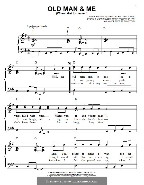 Old Man and Me (When I Get To Heaven): For easy piano by Darius Carlos Rucker, Everett Dean Felber, James George Sonefeld, Mark William Bryan