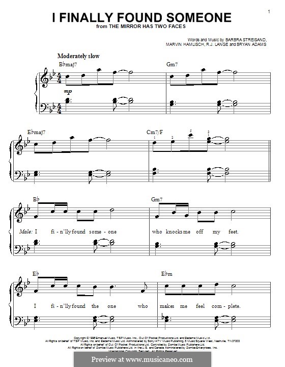 I Finally Found Someone (from The Mirror Has Two Faces): For easy piano by Barbra Streisand, Bryan Adams, Marvin Hamlisch, Robert John Lange