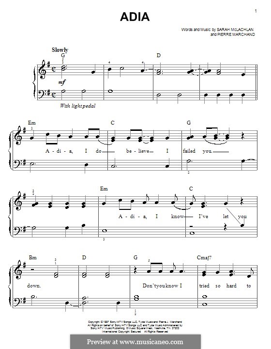 Adia: For easy piano by Pierre Marchand, Sarah McLachlan