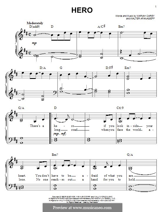 Hero: For easy piano by Mariah Carey, Walter Afanasieff
