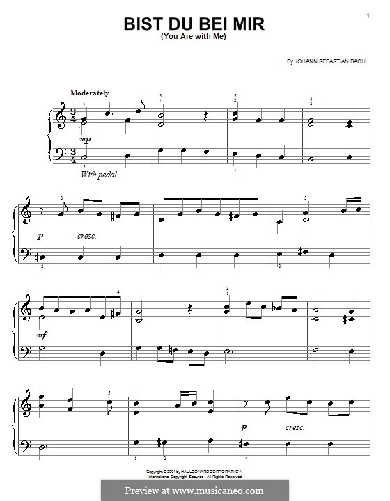 No.25 Bist du bei mir (You Are with Me), Printable scores, BWV 508: For easy piano by Johann Sebastian Bach