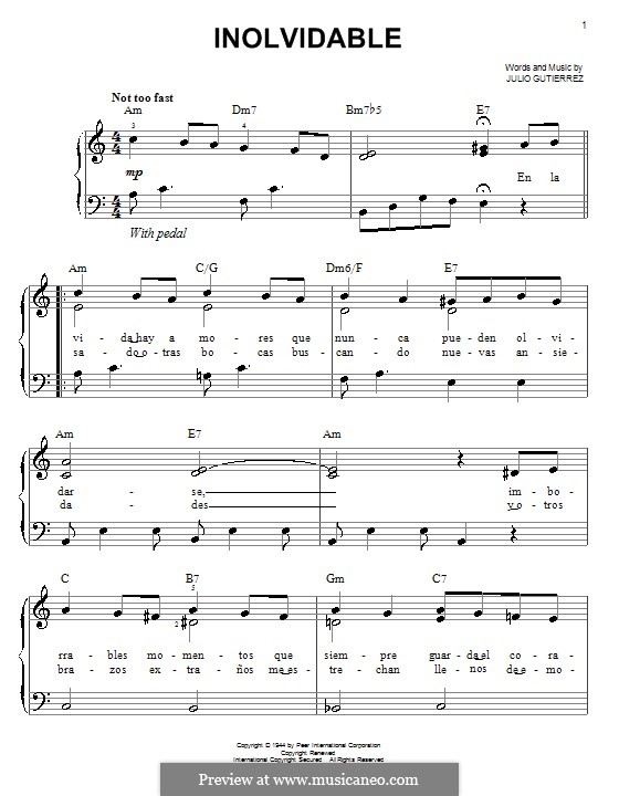 Inolvidable: For easy piano by Julio Gutiérrez