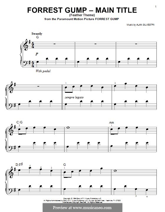 Forrest Gump Suite (Theme): For easy piano (with chords) by Alan Silvestri