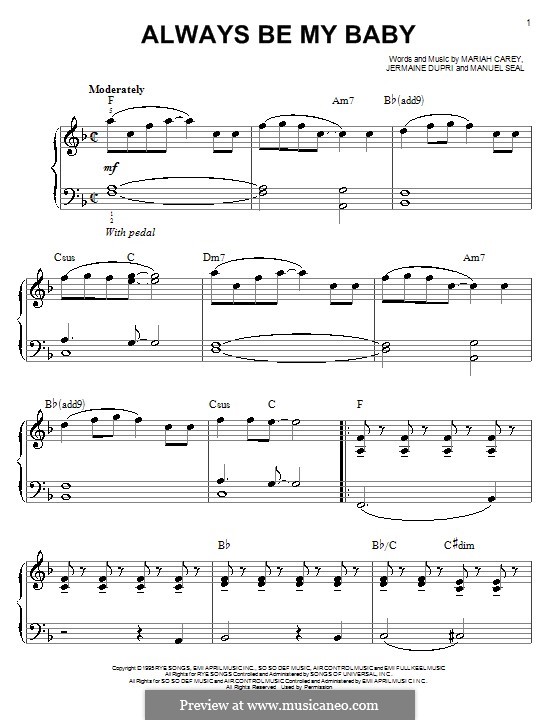 Always Be My Baby: For easy piano by Jermaine Dupri, Manuel Seal, Mariah Carey