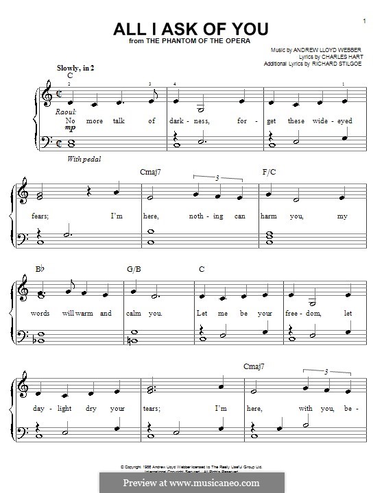 All I Ask of You, for piano: Easy notes with chords by Andrew Lloyd Webber