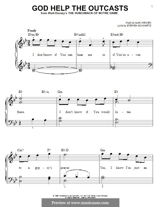 God Help the Outcasts (from The Hunchback of Notre Dame): For easy piano by Alan Menken