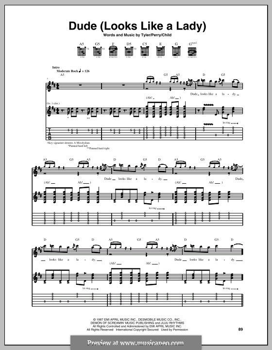 Dude (Looks Like a Lady) Aerosmith: For guitar with tab by Desmond Child, Joe Perry, Steven Tyler