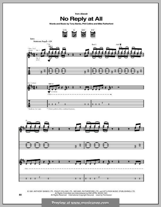 No Reply At All (Genesis): For guitar with tab by Tony Banks, Mike Rutherford, Phil Collins