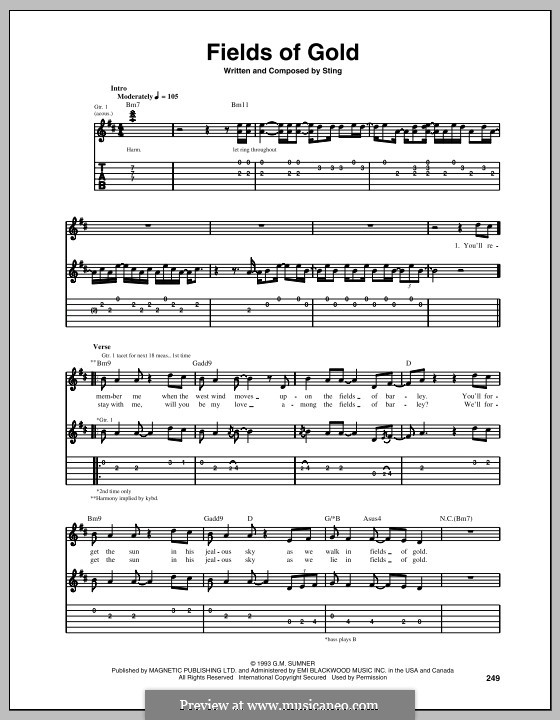 Fields of Gold: For guitar with tabulature by Sting