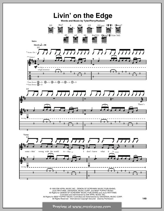 Livin' on the Edge (Aerosmith): For guitar with tab by Joe Perry, Mark Jeffrey Hudson, Steven Tyler
