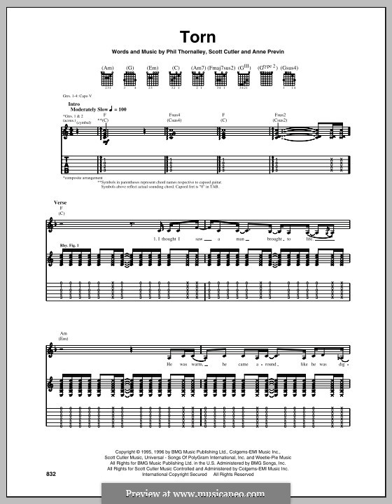 Torn (Natalie Imbruglia): For guitar with tab by Anne Preven, Phil Thornalley, Scott Cutler