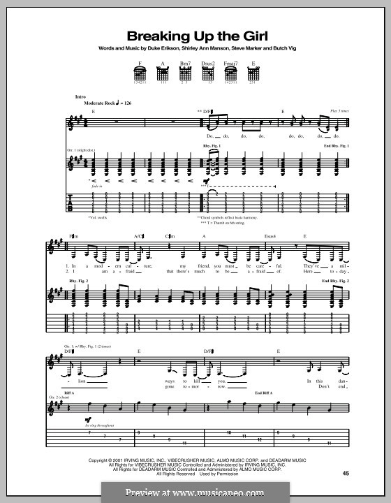 Breaking Up the Girl (Garbage): For guitar with tab by Butch Vig, Duke Erikson, Shirley Ann Manson, Steve Marker
