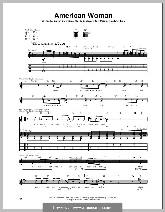 American Woman (Lenny Kravitz): For guitar with tab by Burton Cummings, Garry Peterson, Jim Kale, Randy Bachman