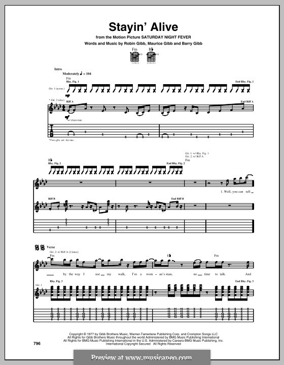 Stayin' Alive (The Bee Gees): For guitar with tab by Barry Gibb, Maurice Gibb, Robin Gibb