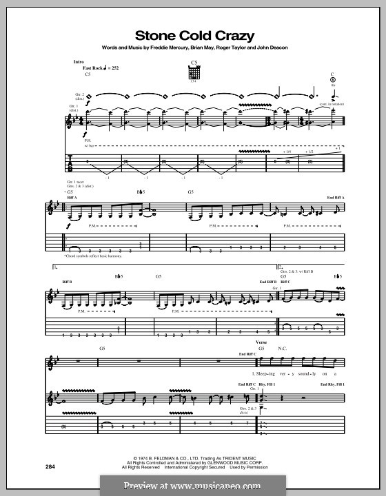 Stone Cold Crazy (Queen): For guitar with tabulature by Brian May, Freddie Mercury, John Deacon, Roger Taylor