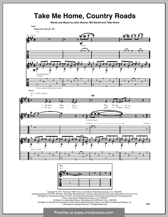 Take Me Home, Country Roads: For guitar with tab by Bill Danoff, John Denver, Taffy Nivert