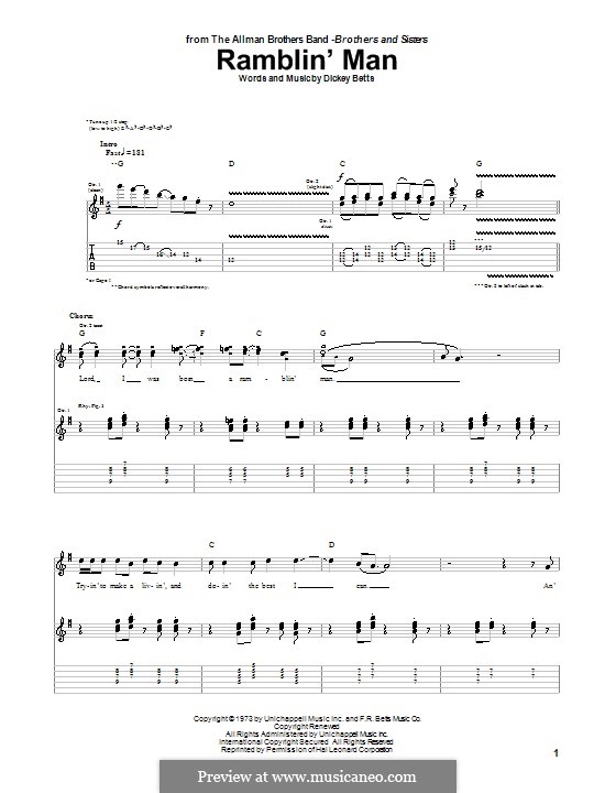 Ramblin' Man (The Allman Brothers Band): For guitar with tab by Dickey Betts