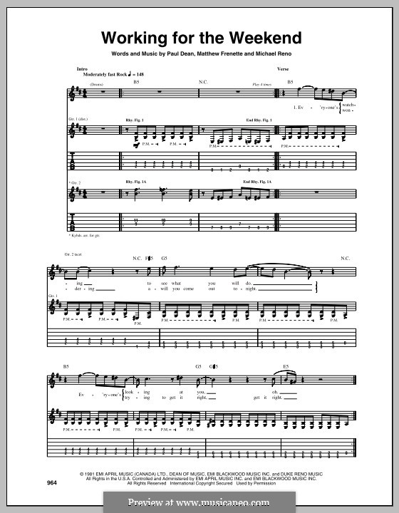 Working for the Weekend (Loverboy): For guitar with tab by Matthew Frenette, Michael Reno, Paul Dean