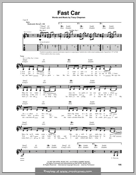 Fast Car: For guitar with tab by Tracy Chapman