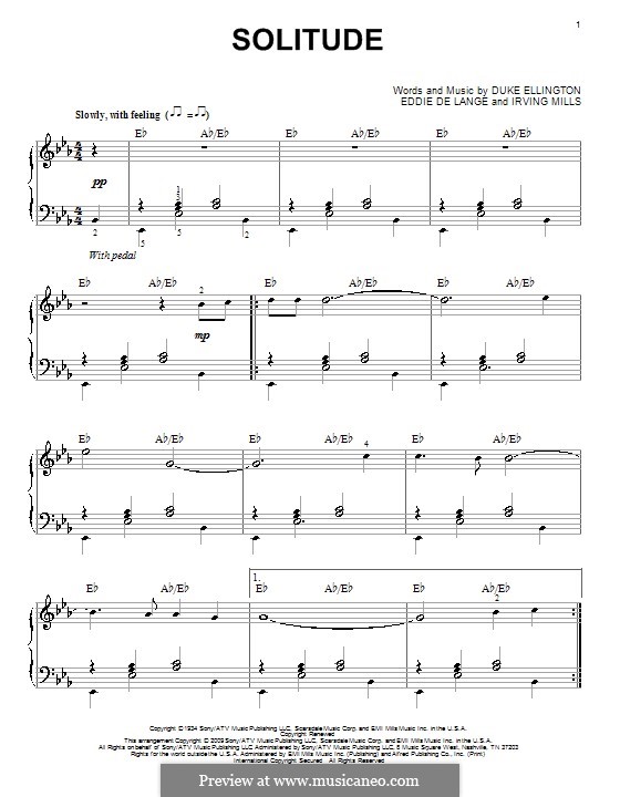Solitude: For piano by Irving Mills, Duke Ellington, Eddie De Lange