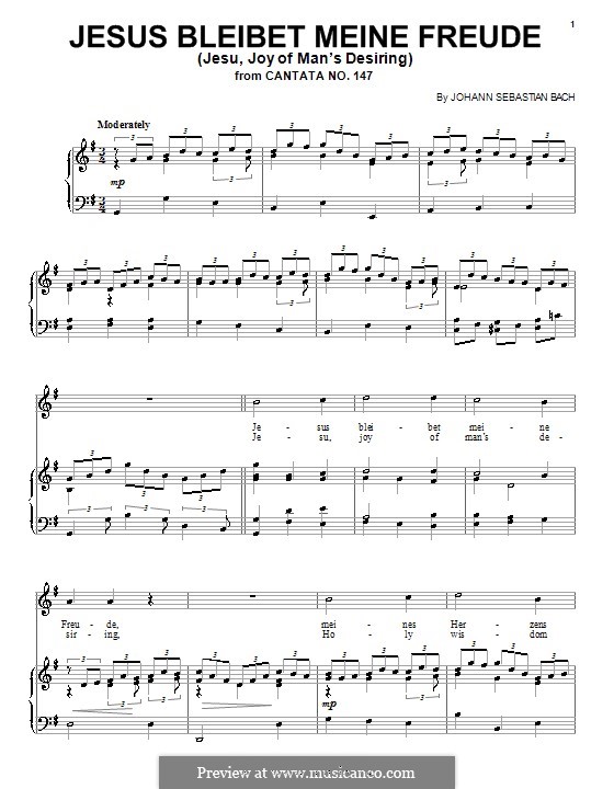 Jesu, Joy of Man's Desiring (Printable Scores): For voice and piano (or guitar) by Johann Sebastian Bach