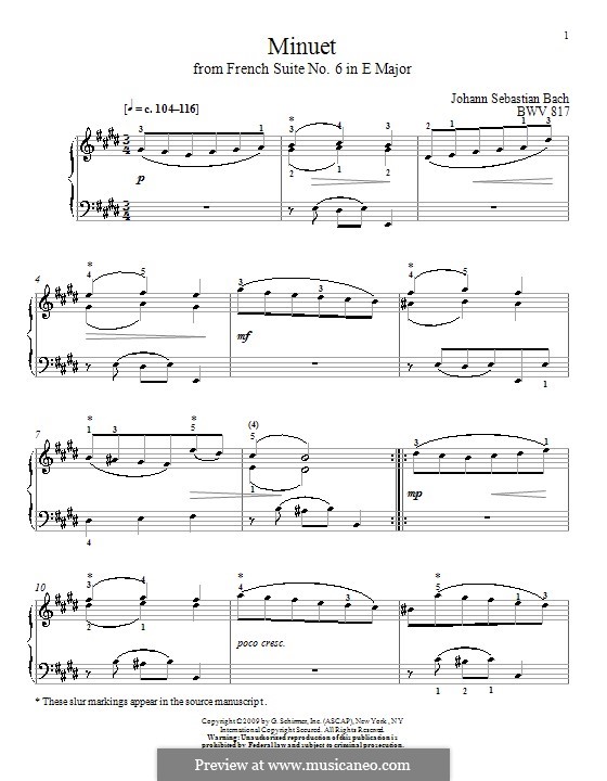 Suite No.6 in E Major, BWV 817: Minuet, for piano by Johann Sebastian Bach