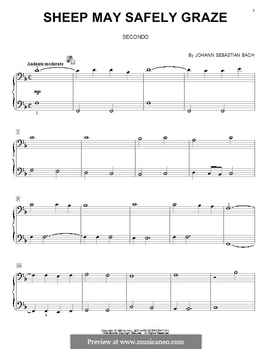 Sheep May Safely Graze (Printable Scores): For piano four hands by Johann Sebastian Bach