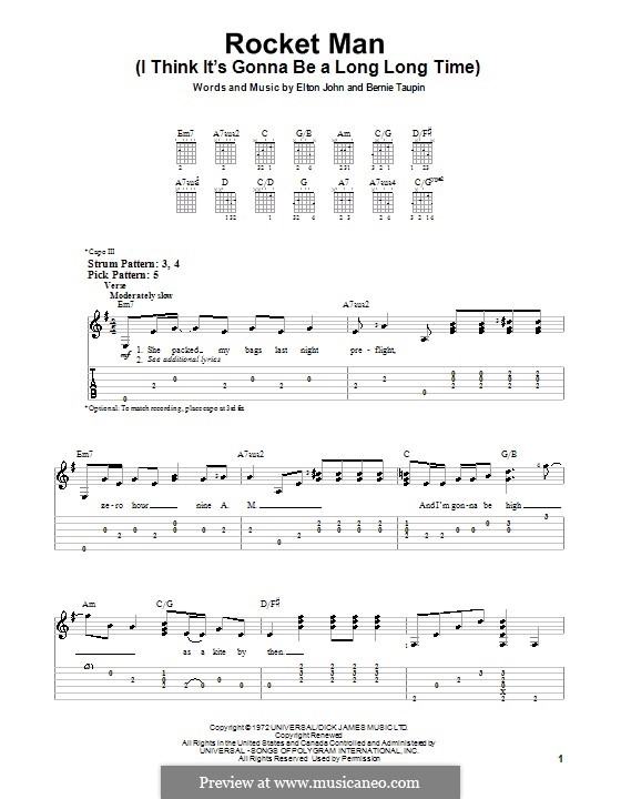 Rocket Man (I Think It's Gonna Be a Long Long Time): For easy guitar with tabulature by Elton John