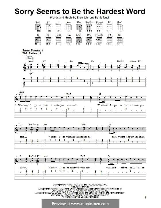 Sorry Seems to be the Hardest Word: For guitar (very easy version) by Elton John