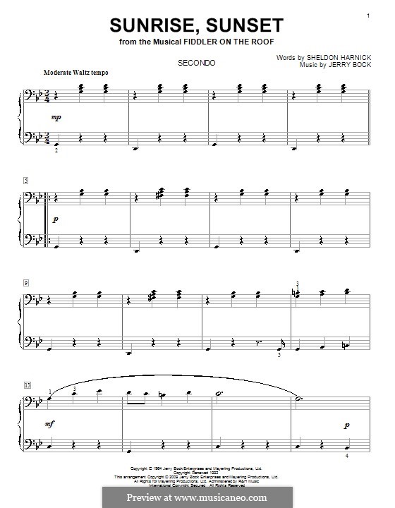 Sunrise, Sunset (from Fiddler on the Roof): For piano four hands by Jerry Bock